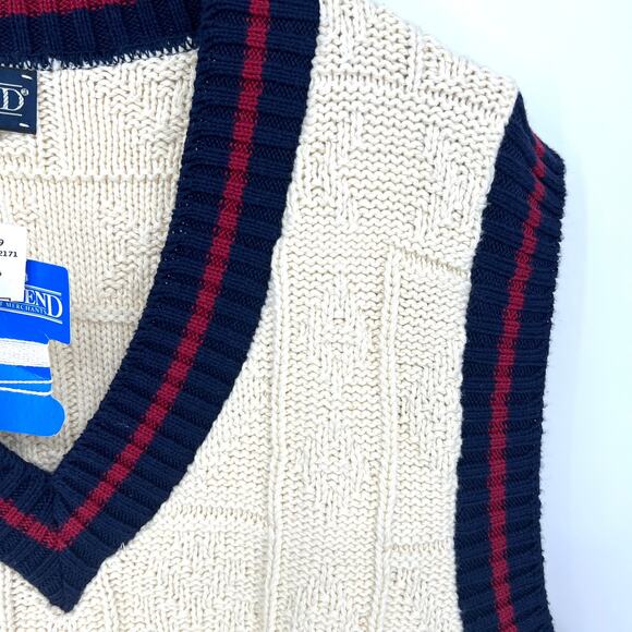 VTG 90s Lands End USA Mens 100% Cotton Tennis Knit Vest V Neck Cream Red Blue XL - Picture 3 of 8